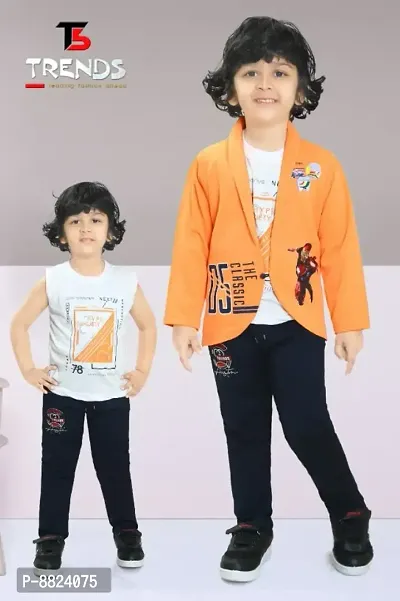 Elegant Cotton T-Shirt with Pant And Imported Hosiery Blazer Set For Boys