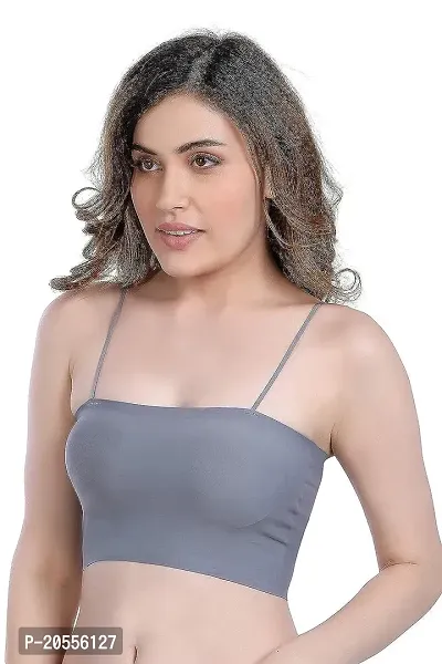 QUEENTERS Womens Nylon Spandex Padded Wire Free Seamless Printed Ice Silk Spaghetti Strap Tube Top Bra Free Size_ Grey (Free Size)