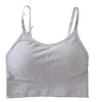 QUEENTERS Women Cotton Longline Padded Wire Free Adjustable Straps Sports Bra Bralette Camisole Tank Top for Workout Fitness Gym Free Size ( GREY )-thumb1