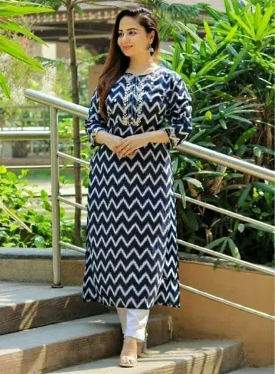 Stylish Cotton Printed Straight Kurti With Pant