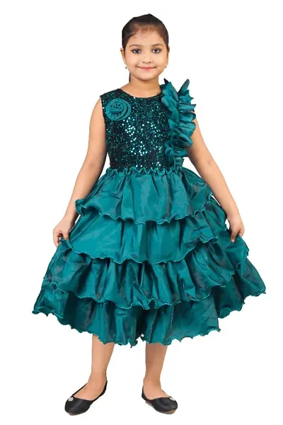 Girls Calf Length Festive/Wedding Dress (Rama Green, Sleeveless)