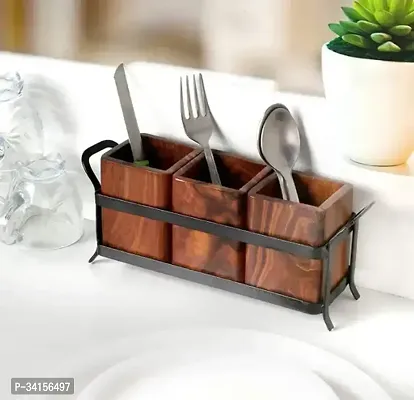 Wooden Cutlery Holder with 3 Wooden Jar and One Wrought Iron Stand (black and Brown)-thumb0