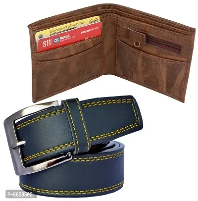 Stylish Synthetic Textured Belts with Wallets For Men- 2 Pieces