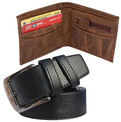 Fashionable Two Fold Synthetic Textured Wallets And Belts For Men (Pack Of 2)