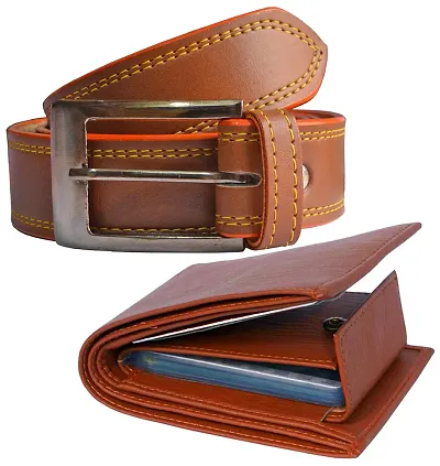 Stylish Synthetic Textured Belts With Wallets For Men (Pack Of 2)