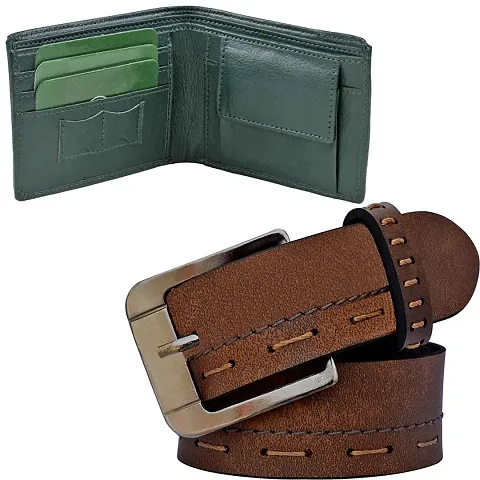 Stylish Synthetic Textured Belts With Wallets For Men (Pack Of 2)
