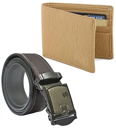 Stylish Synthetic Textured Belts With Wallets For Men (Pack Of 2)