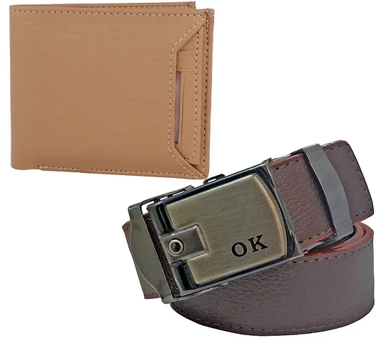 Stylish Modern Synthetic Textured Casual Belts With Wallets For Men (Pack Of 2)