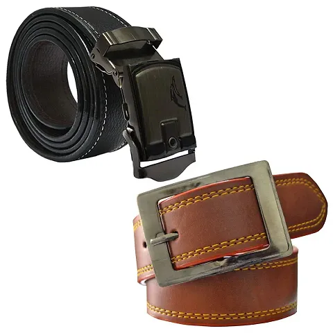 Sunshopping Men's Black And Tan Synthetic Leather Belt Combo