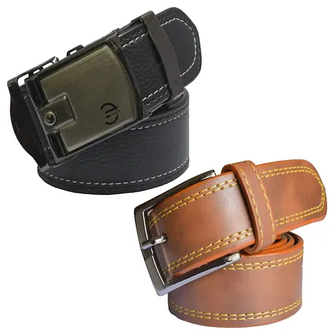 Sunshopping Men's Black And Tan Synthetic Leather Belt Combo