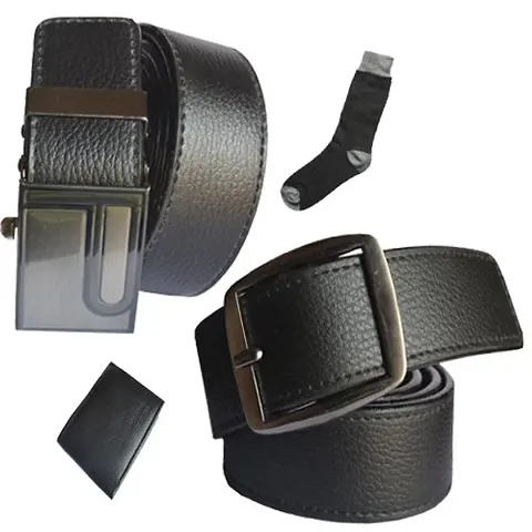 Sunshopping men's black synthetic leather auto lock buckle with black synthetic leather needle pin point buckle belts combo with black socks and black wallet (r-91)