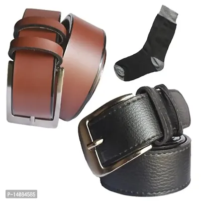 Sunshopping men's brown leather needle pin point buckle with black synthetic leather needle pin point buckle belts combo with black socks (r-226)-thumb0