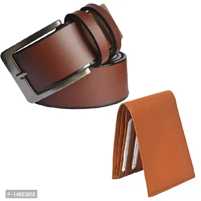 Sunshopping men's brown mix of leather needle pin point buckle belt with tan bifold synthetic wallet (combo)(SS-ZAQ1)-thumb0