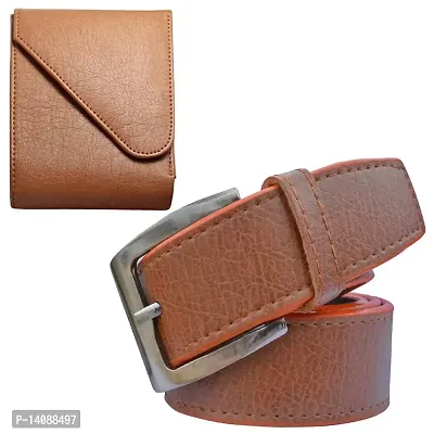 Sunshopping Men's Tan Synthetic Leather Belt With Tan Wallet Combo