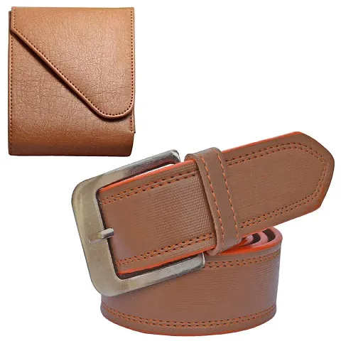 Sunshopping Men's Tan Synthetic Leather Belt With Tan Wallet Combo