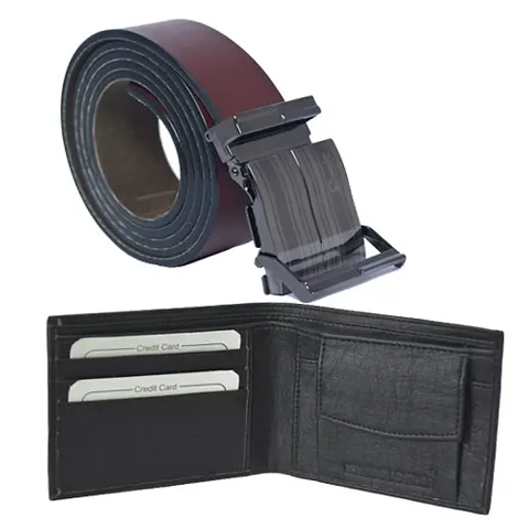 Sunshopping men's brown auto lock buckle belt with Synthetic leather wallet combo