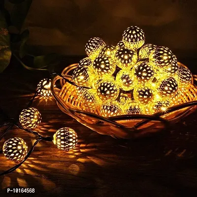 16 LED 10 feet String Lights Plug-in Metal Ball, Connectable with Tail for All Occasions-Christmas, Diwali, Golden-thumb3