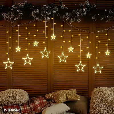 Ashtavinayak Store 12 Stars Curtain Lights, 114 Led, 3 Meter Window Curtain String Lights with 8 Flashing Modes Decoration Light for Diwali, Christmas, Wedding, Party (Warm White)