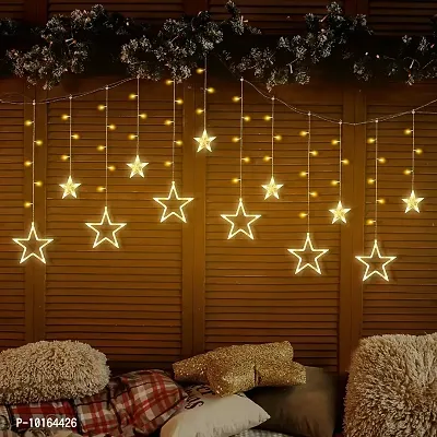 Ashtavinayak Store 12 Stars Curtain Lights, 114 Led, 3 Meter Window Curtain String Lights with 8 Flashing Modes Decoration Light for Diwali, Christmas, Wedding, Party (Warm White)-thumb0