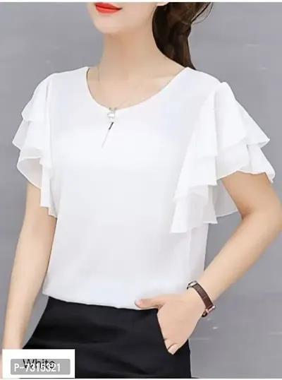 Top Women White Ruffle Sleeve Neck Button Top In Fox Georgette Fabrics With Inner