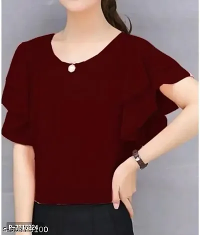 Top Women Maroon Ruffle Sleeve Neck Button Top In Fox Georgette Fabrics With Inner-thumb0