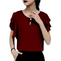 Top Women Maroon Ruffle Sleeve Neck Button Top In Fox Georgette Fabrics With Inner-thumb1