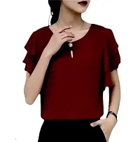 Top Women Maroon Ruffle Sleeve Neck Button Top In Fox Georgette Fabrics With Inner-thumb2