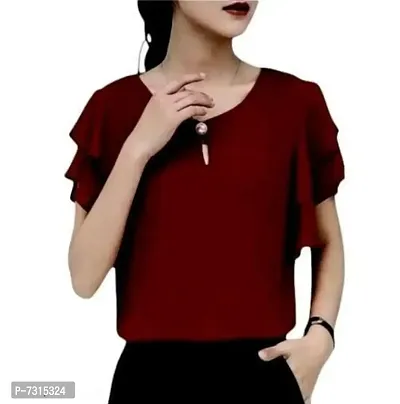 Top Women Maroon Ruffle Sleeve Neck Button Top In Fox Georgette Fabrics With Inner-thumb3