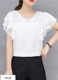 Top Women White Ruffle Sleeve Neck Button Top In Fox Georgette Fabrics With Inner-thumb4