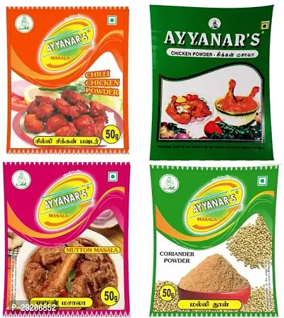 Ayyanars Combo pack of Chilly Chicken (chicken 65/Kabab Masala), Chicken Masala (Gravy), Mutton Masala (Meat Masala) and Coriander Powder (each 50g x 4) (4 x 50 g)