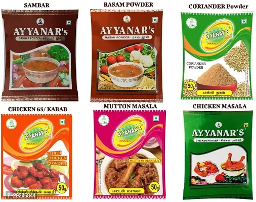 Ayyanars Combo pack of SAMBAR, RASAM Powder, Coriander Powder, Chilly Chicken (Kabab/ chicken 65), Mutton Masala and Chicken Masala (Each 50 g x 6) (6 x 50 g)