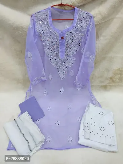 Elegant Purple Chikankari Chiffon Kurta Inner with Bottom And Dupatta Set For Women-thumb0