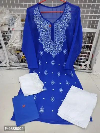 Elegant Blue Chikankari Chiffon Kurta Inner with Bottom And Dupatta Set For Women-thumb0