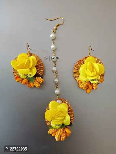 Jewellery Artificial Yellow Flower Designer maangtika Earring combo (pack of 4) For Women/ Flower Jewllery Floral Maangtika ,Earrings, Maang Tikkas for Women - Trendy matha patti, artificial j-thumb3