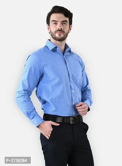 Men's Blue Cotton Solid Long Sleeve Regular Fit Formal Shirt-thumb3