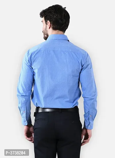 Men's Blue Cotton Solid Long Sleeve Regular Fit Formal Shirt-thumb4