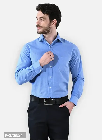 Men's Blue Cotton Solid Long Sleeve Regular Fit Formal Shirt-thumb0
