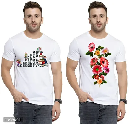 Stylish White Polycotton Printed Round Neck Tees For Men Pack Of 2