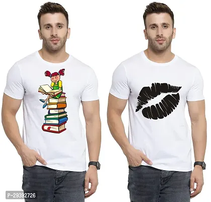 Stylish White Polycotton Printed Round Neck Tees For Men Pack Of 2