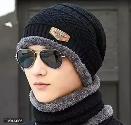 Classic Woven Black Unisex Beanie Cap With Scarf