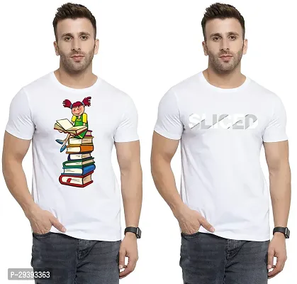 Stylish White Polycotton Printed Round Neck Tees For Men Pack Of 2