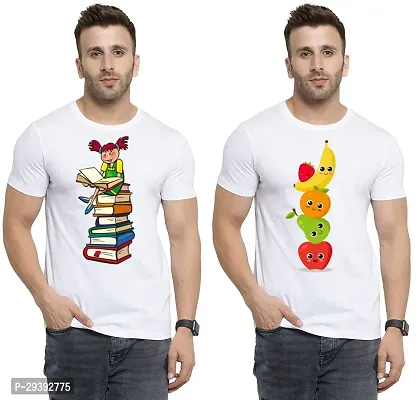 Stylish White Polycotton Printed Round Neck Tees For Men Pack Of 2