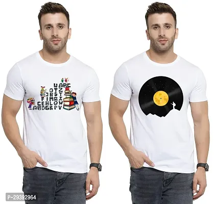 Stylish White Polycotton Printed Round Neck Tees For Men Pack Of 2