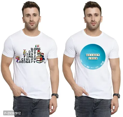 Stylish White Polycotton Printed Round Neck Tees For Men Pack Of 2