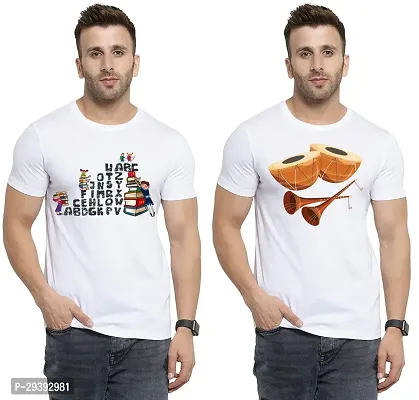 Stylish White Polycotton Printed Round Neck Tees For Men Pack Of 2