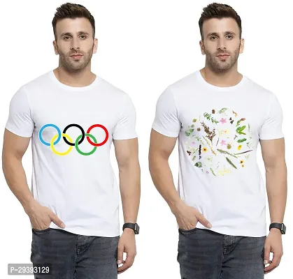 Stylish White Polycotton Printed Round Neck Tees For Men Pack Of 2