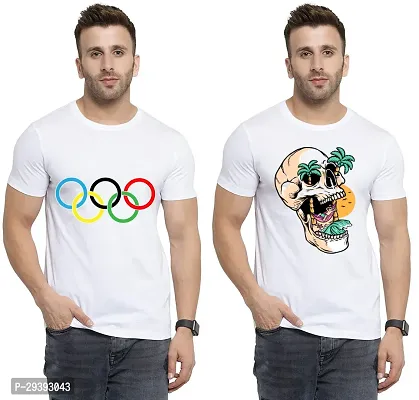 Stylish White Polycotton Printed Round Neck Tees For Men Pack Of 2