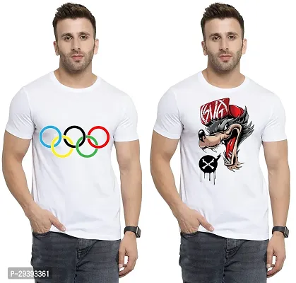 Stylish White Polycotton Printed Round Neck Tees For Men Pack Of 2