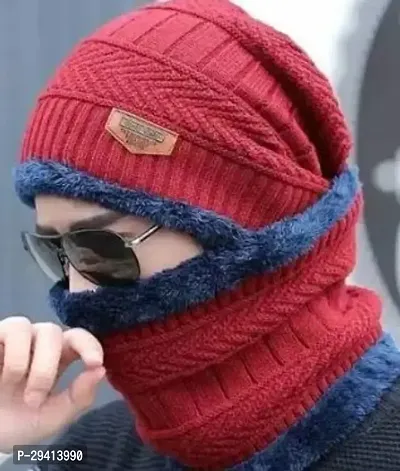 Classic Woven Red Unisex Beanie Cap With Scarf-thumb0