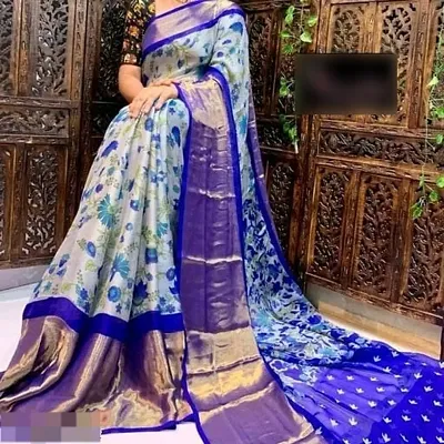 Moss Chiffon Printed Zari Border Sarees with Running blouse